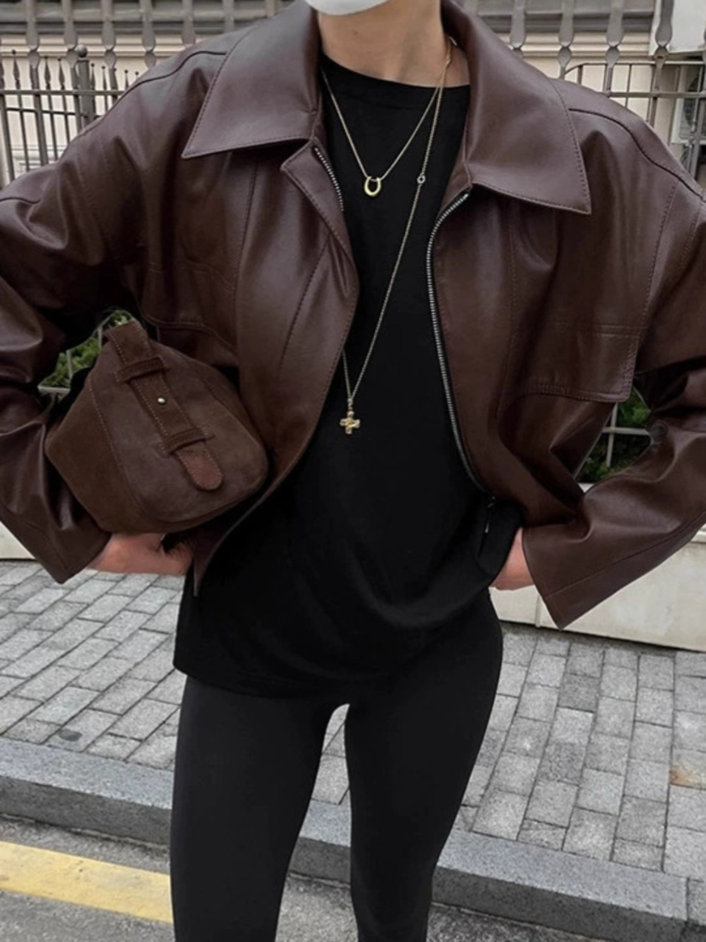 Forever 21 Vintage Brown Winter Biker Leather Jacket Loose Fit Lapel Collar